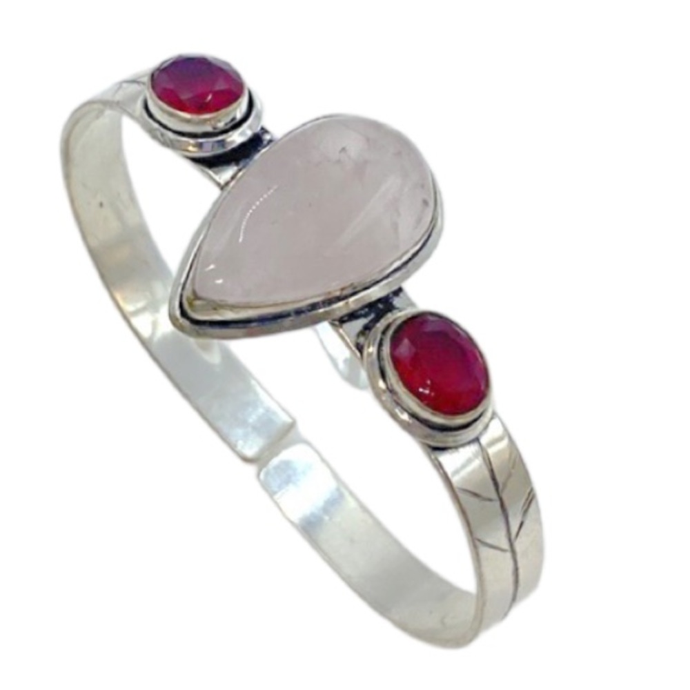 Rose Quartz, Red Onyx gemstones in 925 Sterling silver bracelet